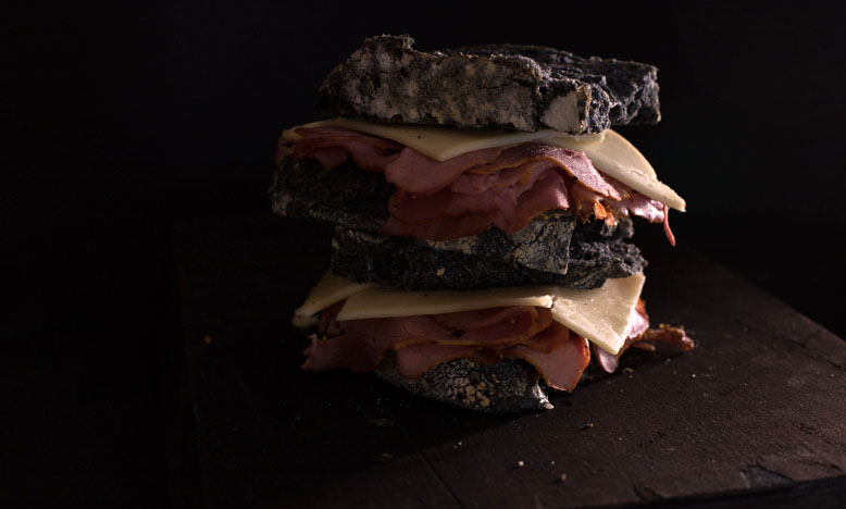smoked meat sandwich with charcoal sourdough bread
