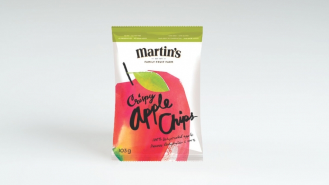 a bag a Crispy Apple Chips from Martin's Family Fruit Farm